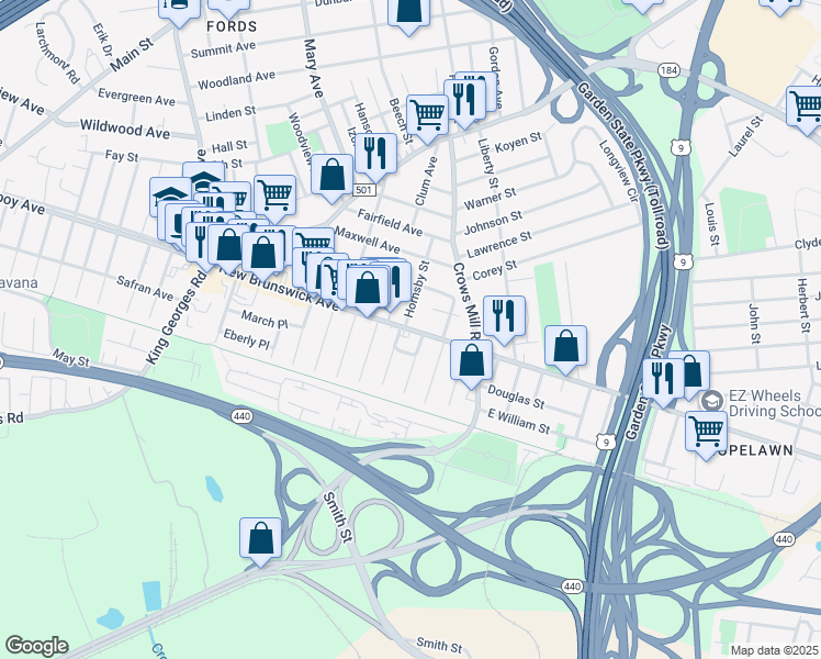 map of restaurants, bars, coffee shops, grocery stores, and more near 410 New Brunswick Avenue in Woodbridge Township