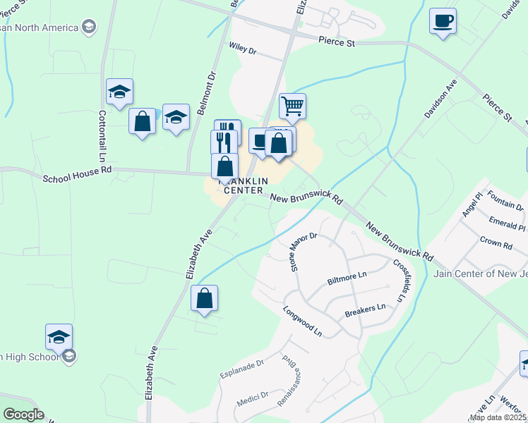 map of restaurants, bars, coffee shops, grocery stores, and more near 223 Merriewold Lane in Franklin Township