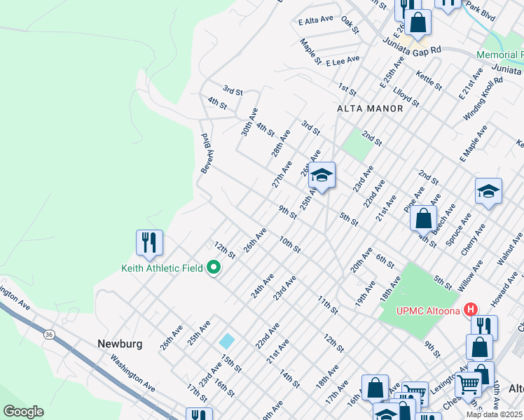 map of restaurants, bars, coffee shops, grocery stores, and more near 909 27th Avenue in Altoona