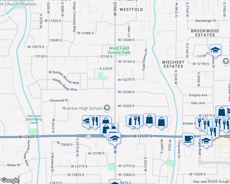 map of restaurants, bars, coffee shops, grocery stores, and more near 3575 West 12340 South in Riverton