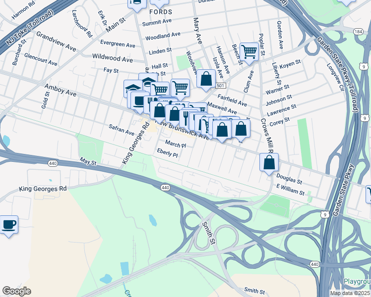 map of restaurants, bars, coffee shops, grocery stores, and more near 28 Wagner Street in Woodbridge Township