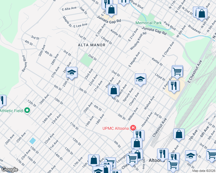 map of restaurants, bars, coffee shops, grocery stores, and more near 313 Pine Avenue in Altoona