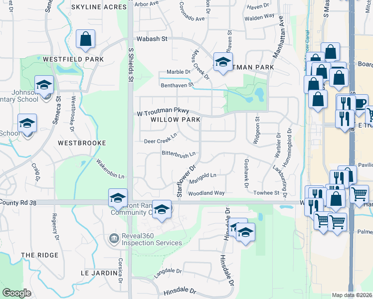 map of restaurants, bars, coffee shops, grocery stores, and more near 830 Bitterbrush Lane in Fort Collins