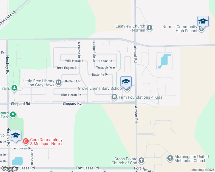 map of restaurants, bars, coffee shops, grocery stores, and more near 3268 Marimarsh Lane in Normal