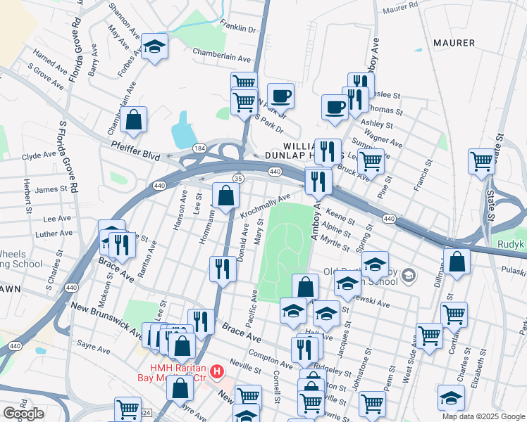 map of restaurants, bars, coffee shops, grocery stores, and more near 766 Mary Street in Perth Amboy