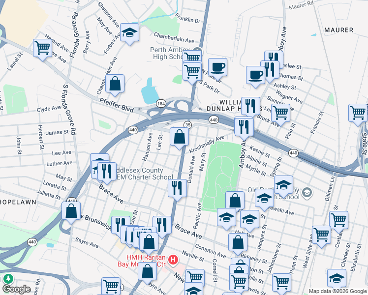 map of restaurants, bars, coffee shops, grocery stores, and more near 758 Convery Boulevard in Perth Amboy
