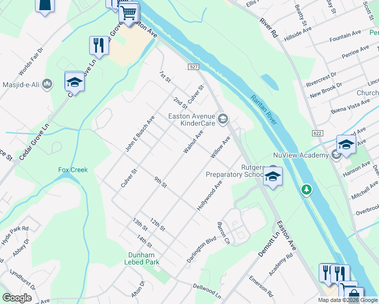 map of restaurants, bars, coffee shops, grocery stores, and more near 60 Walnut Avenue in Franklin Township