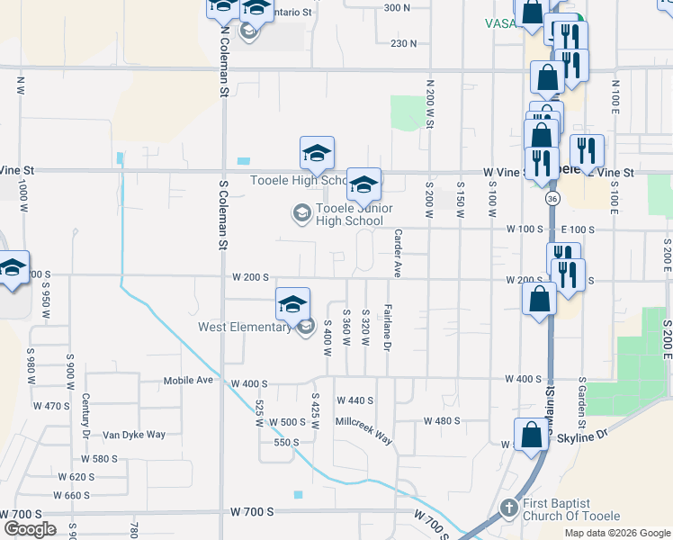 map of restaurants, bars, coffee shops, grocery stores, and more near 392 West 200 South in Tooele