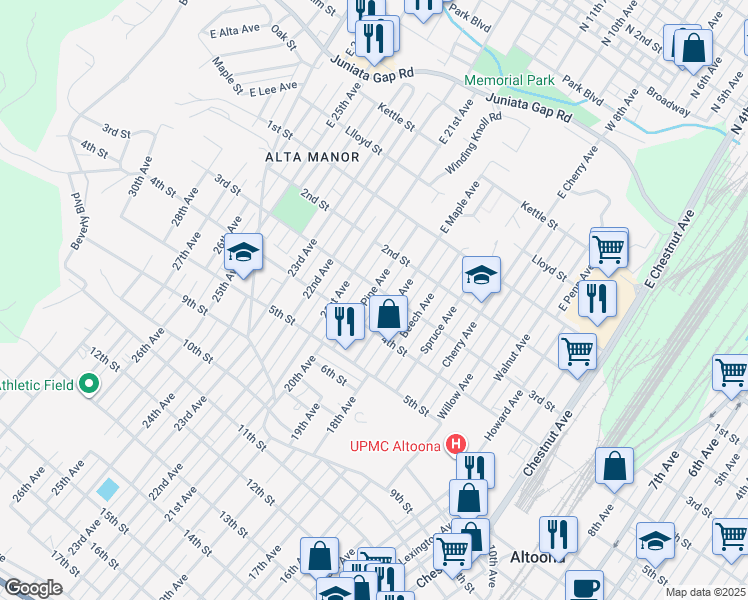 map of restaurants, bars, coffee shops, grocery stores, and more near 313 Pine Avenue in Altoona