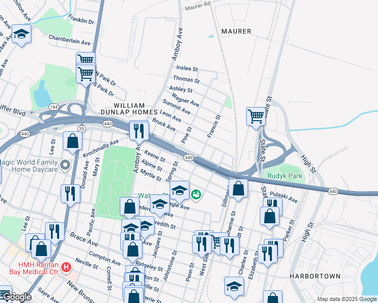 map of restaurants, bars, coffee shops, grocery stores, and more near 368 Lawrence Street in Perth Amboy