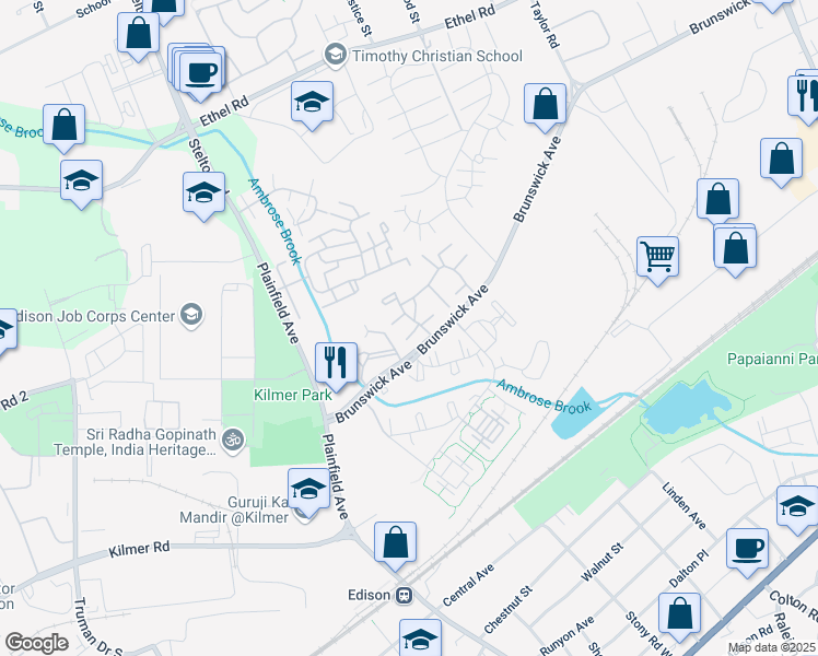 map of restaurants, bars, coffee shops, grocery stores, and more near 303 Merrywood Drive in Edison