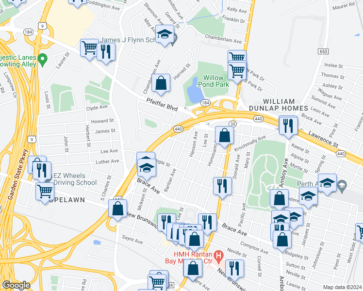 map of restaurants, bars, coffee shops, grocery stores, and more near 727 Raritan Avenue in Perth Amboy