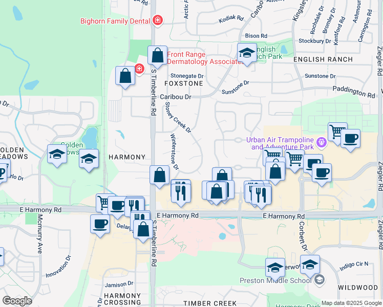 map of restaurants, bars, coffee shops, grocery stores, and more near 2218 Creststone Court in Fort Collins