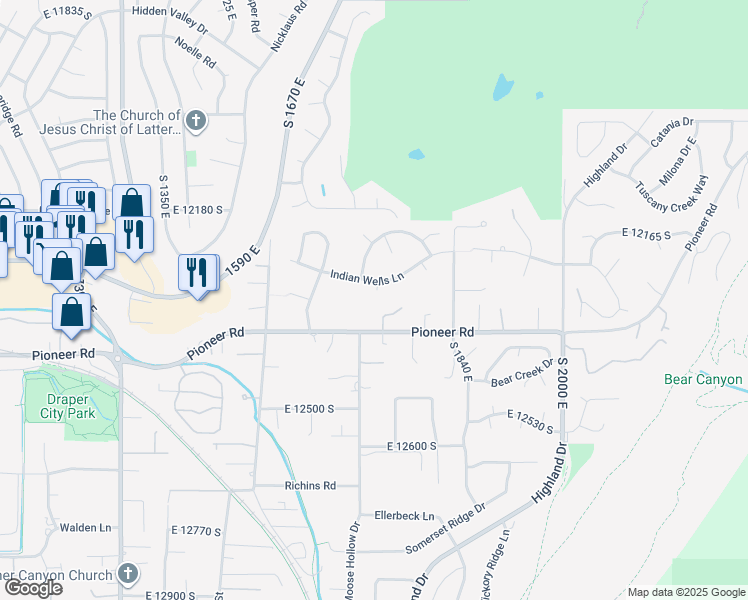 map of restaurants, bars, coffee shops, grocery stores, and more near 1703 Pioneer Road in Draper