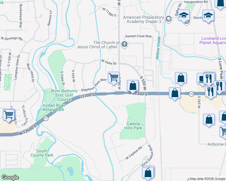 map of restaurants, bars, coffee shops, grocery stores, and more near 704 West 12290 South in Riverton