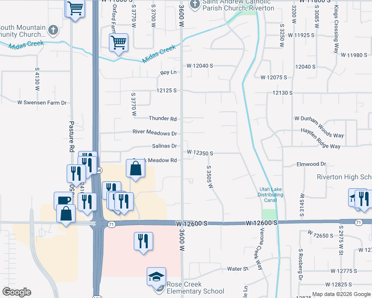map of restaurants, bars, coffee shops, grocery stores, and more near 3575 West 12340 South in Riverton
