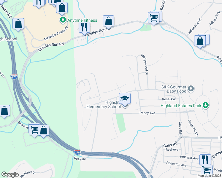 map of restaurants, bars, coffee shops, grocery stores, and more near 222 Rolling Drive in Pittsburgh