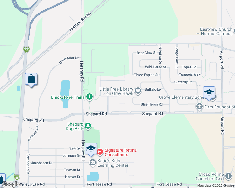 map of restaurants, bars, coffee shops, grocery stores, and more near 2608 Red Rock Road in Normal