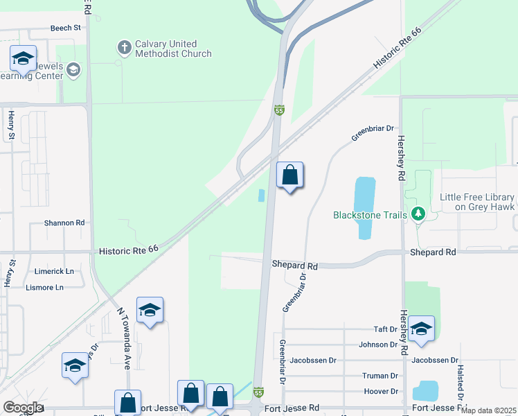 map of restaurants, bars, coffee shops, grocery stores, and more near 69 Veterans Parkway in Normal