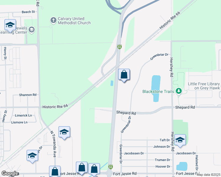 map of restaurants, bars, coffee shops, grocery stores, and more near 69 Veterans Parkway in Normal