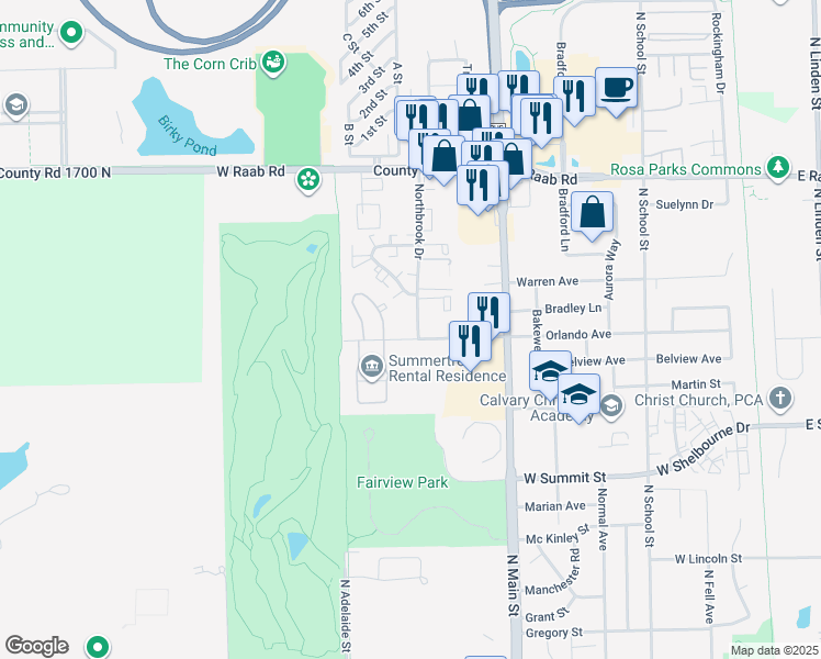 map of restaurants, bars, coffee shops, grocery stores, and more near 1501 Northbrook Drive in Normal