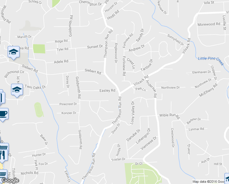 map of restaurants, bars, coffee shops, grocery stores, and more near 329 Thompson Run Road in Pittsburgh