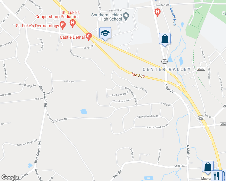 map of restaurants, bars, coffee shops, grocery stores, and more near 4145 Bunker Hill Drive North in Coopersburg