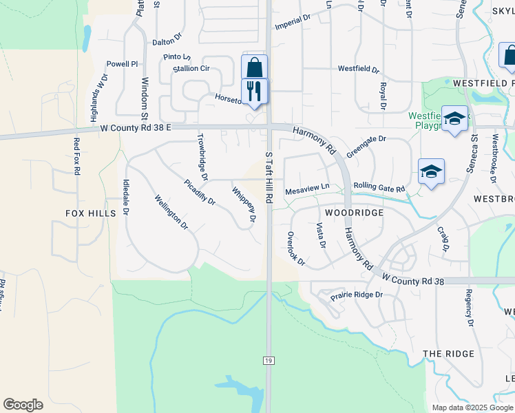 map of restaurants, bars, coffee shops, grocery stores, and more near 4320 Whippeny Drive in Fort Collins