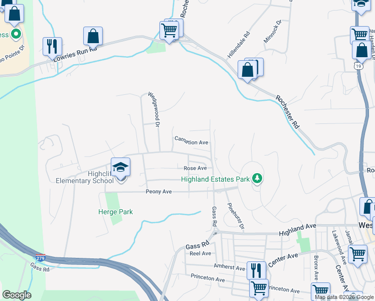 map of restaurants, bars, coffee shops, grocery stores, and more near 162 Gass Rd in Pittsburgh