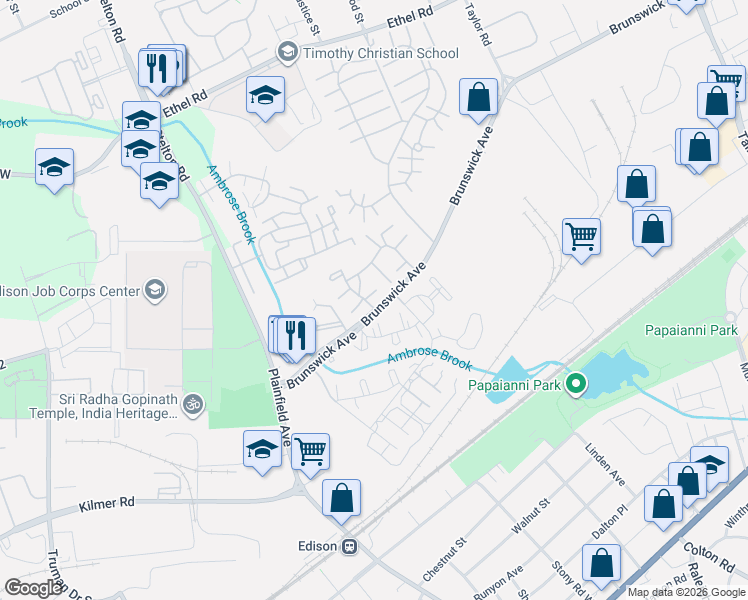 map of restaurants, bars, coffee shops, grocery stores, and more near 1402 Merrywood Drive in Edison