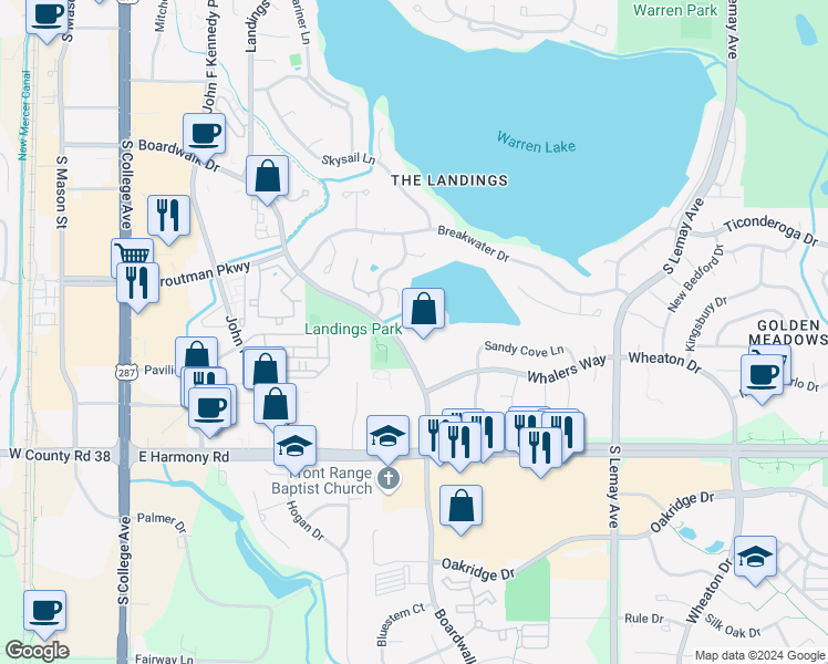 map of restaurants, bars, coffee shops, grocery stores, and more near 736 Whalers Way in Fort Collins