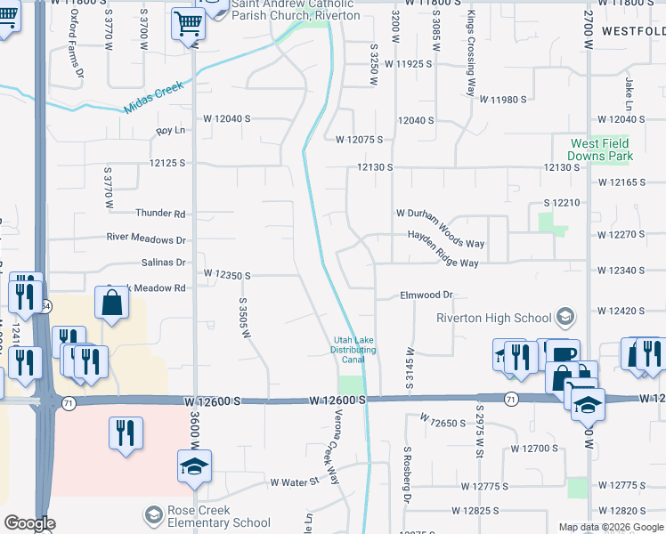 map of restaurants, bars, coffee shops, grocery stores, and more near 12322 Juniper Haven Drive in Riverton