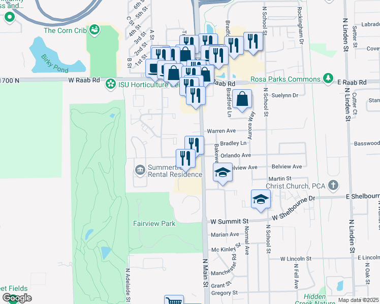 map of restaurants, bars, coffee shops, grocery stores, and more near 604 Orlando Avenue in Normal