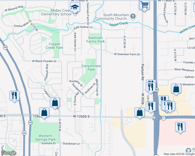 map of restaurants, bars, coffee shops, grocery stores, and more near 12357 Black Foot Street in Riverton