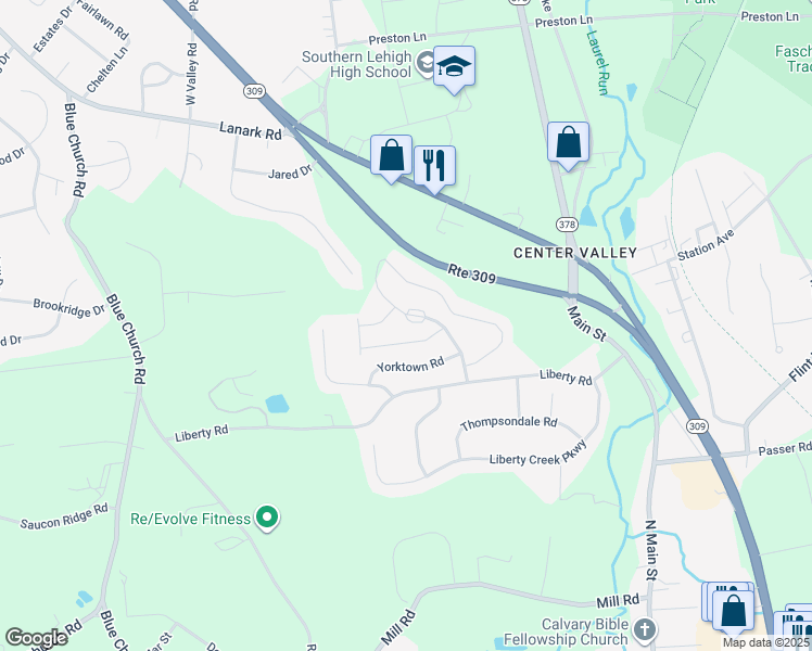 map of restaurants, bars, coffee shops, grocery stores, and more near 4041 Delaware Crossing in Coopersburg
