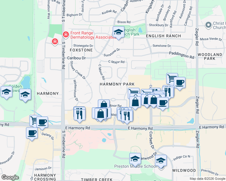map of restaurants, bars, coffee shops, grocery stores, and more near Unnamed Road in Fort Collins