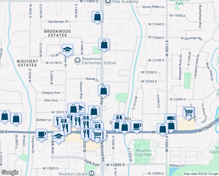 map of restaurants, bars, coffee shops, grocery stores, and more near 12341 South Redwood Road in Riverton