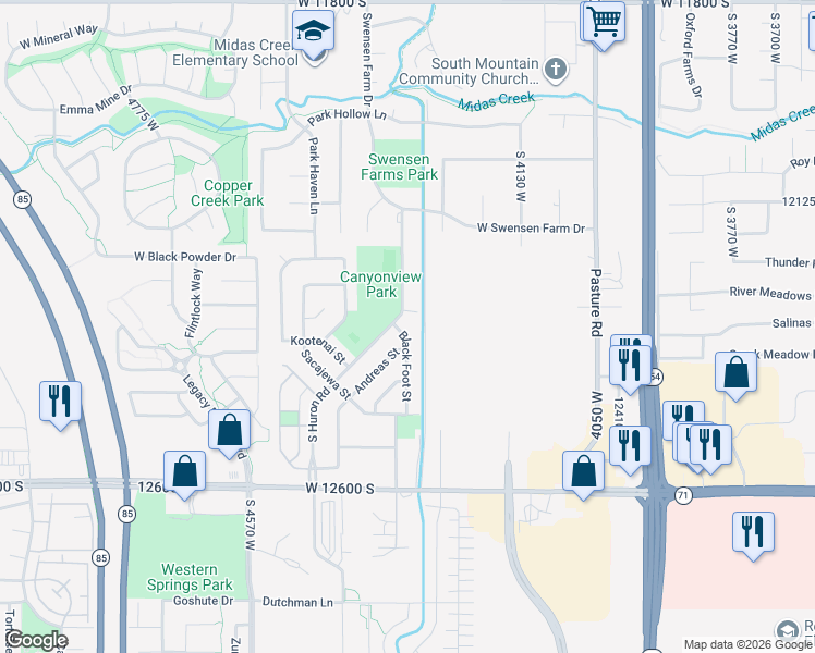 map of restaurants, bars, coffee shops, grocery stores, and more near 12357 Black Foot Street in Riverton
