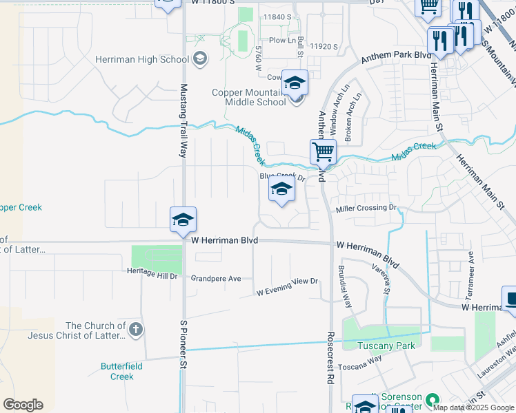 map of restaurants, bars, coffee shops, grocery stores, and more near 12352 Bigbend Creek Drive in Herriman