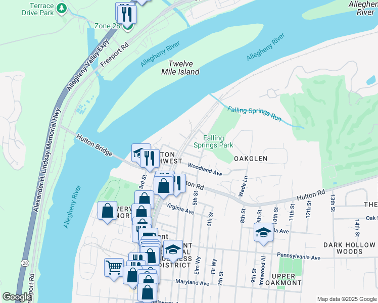 map of restaurants, bars, coffee shops, grocery stores, and more near 380 Hulton Lane in Oakmont
