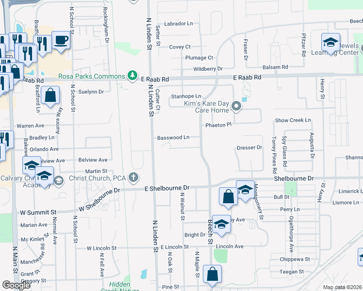 map of restaurants, bars, coffee shops, grocery stores, and more near 525 Beechwood Court in Normal