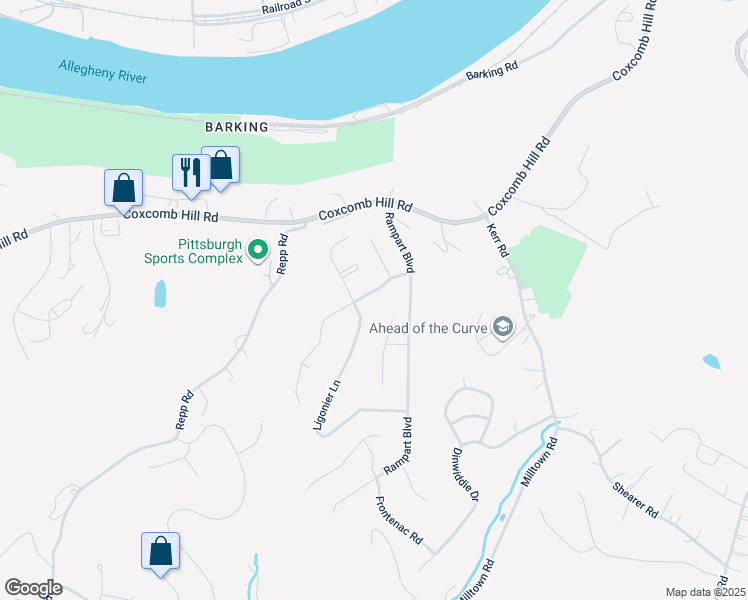 map of restaurants, bars, coffee shops, grocery stores, and more near 136 Duquesne Boulevard in New Kensington