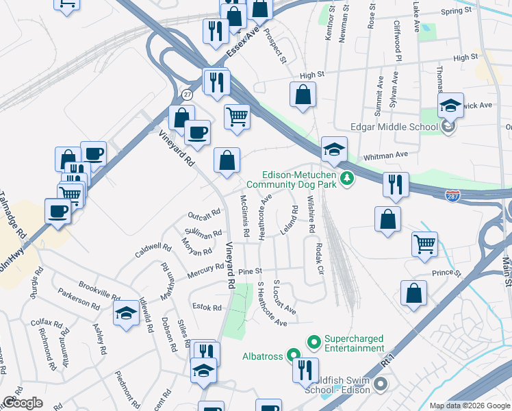 map of restaurants, bars, coffee shops, grocery stores, and more near 15 Mc Ginnis Road in Edison