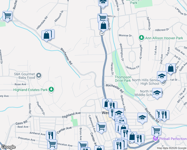 map of restaurants, bars, coffee shops, grocery stores, and more near 305 Cross Creek Court in Pittsburgh