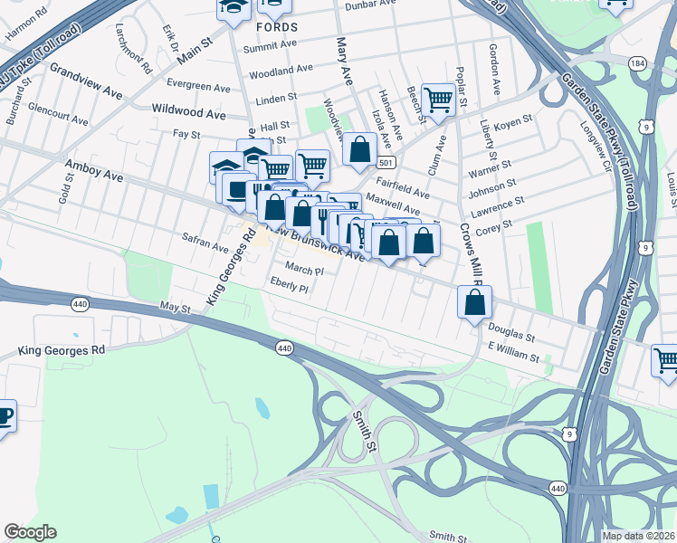 map of restaurants, bars, coffee shops, grocery stores, and more near 28 Wagner Street in Woodbridge Township