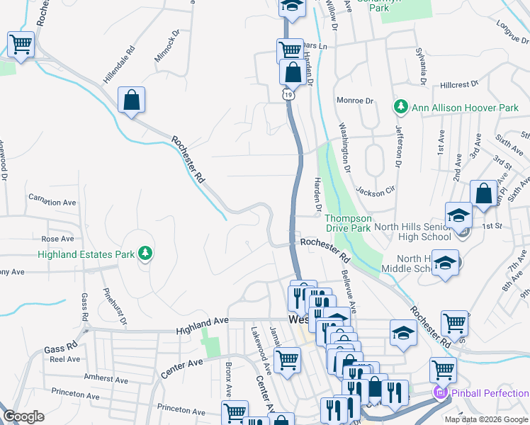 map of restaurants, bars, coffee shops, grocery stores, and more near 305 Cross Creek Court in Pittsburgh