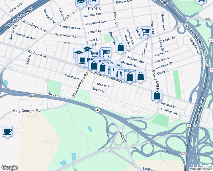 map of restaurants, bars, coffee shops, grocery stores, and more near 28 Wagner Street in Woodbridge Township