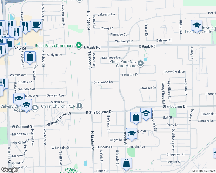 map of restaurants, bars, coffee shops, grocery stores, and more near 525 Beechwood Court in Normal
