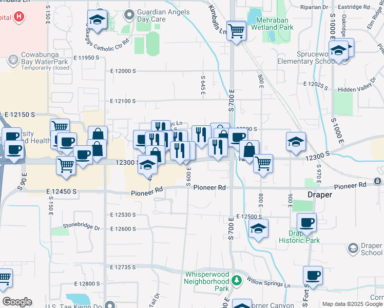 map of restaurants, bars, coffee shops, grocery stores, and more near 615 East 12300 South in Draper