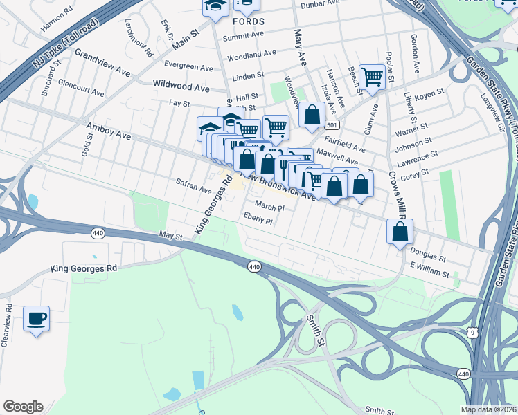 map of restaurants, bars, coffee shops, grocery stores, and more near 22 Eberly Place in Woodbridge Township